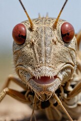 Closeup of brown locust gazes directly at the camera, on blurred background. Macro head of locust on a crop. Invasion of locusts. Insect eats harvest. Natural disaster, destroy agricultural production