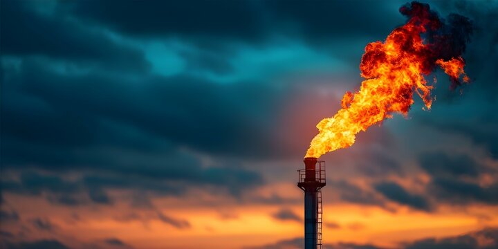 Closeup of gas flare stack in refinery burning excess gases to reduce emissions. Concept Industrial photography, Gas flare stack, Refinery emissions, Energy production, Environmental impact