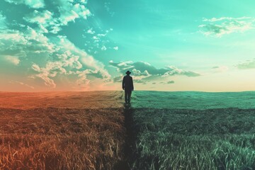 Fototapeta premium A person standing in a field with a blue sky background, suitable for general use