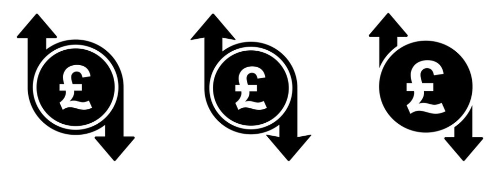 Pound rate rise and fall vector signs. Cost increase and decrease vector icons