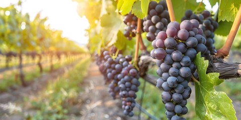Fototapeta premium Sunny day in a lush vineyard with ripe grape bunches. Concept Vineyard Photoshoot, Sunny Setting, Grape Bunches, Nature Backdrop, Fruit Harvest