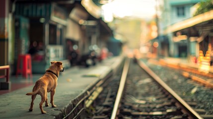 A dog stands on a train station platform, gazing down the tracks at sunrise, creating a sense of anticipation and quiet.
