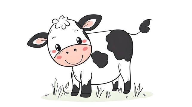 recommend clip art: Adorable Cartoon Cow Calf Grazing in Pastoral Meadow Landscape