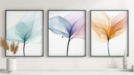 Horizontal trio of modern abstract posters, each showcasing unique watercolor splashes. Displayed on a pristine white wall, the energetic designs create a lively atmosphere