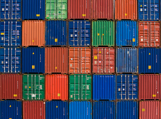 Colorful stacked shipping containers illustrating global trade, logistics, and transportation in a...