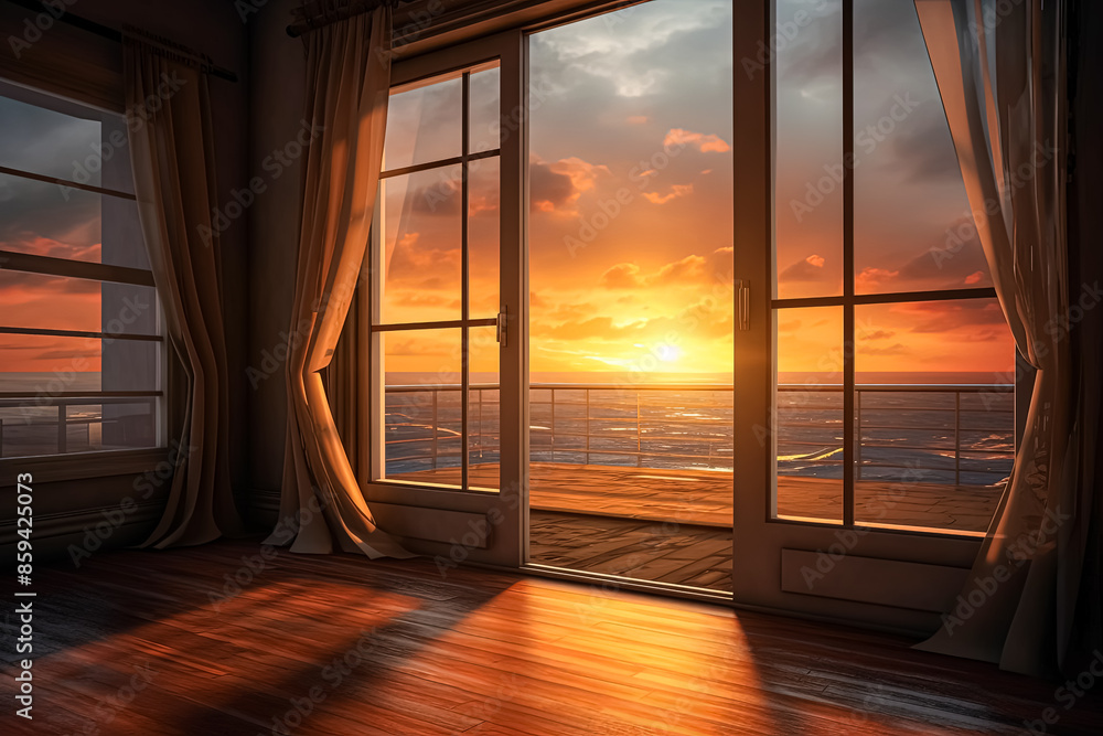 Poster a window with a view of the ocean and the sun setting.