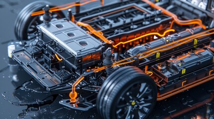 Fototapeta premium Cross-sectional view of an EV battery showing internal components and cooling system