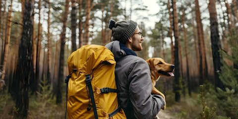 Young man and his dog happily exploring the forest on a trip. Concept Exploring the Forest, Nature Adventure, Man's Best Friend, Outdoor Activities, Weekend Getaway