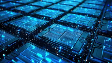 Obraz premium Electric vehicle battery cells arranged in a high-density grid pattern with blue highlights