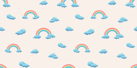 Obraz premium Seamless pattern with rainbow and clouds on a light orange background