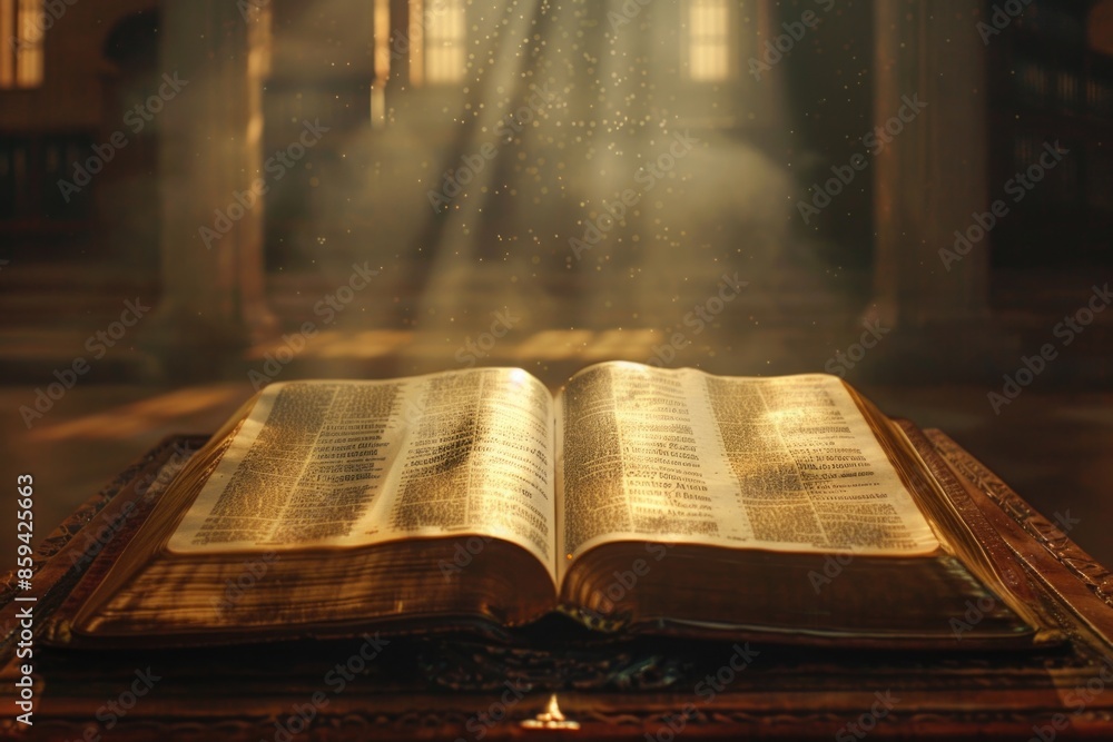 Poster an open book sitting on a wooden table with a simple and classic design