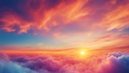 Obraz premium The fantasy-like panoramic sunset sky displays a gradient of rich colors, creating an ethereal and dreamy summer sunset or sunrise sky. The uplifting and peaceful atmosphere is enhanced by the vibrant