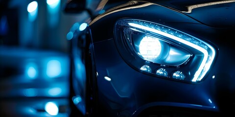 Car headlight illuminating dark night background. Concept Car Photography, Nighttime Photoshoot, Automotive Scene, Dramatic Lighting