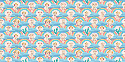 Seamless pattern with lamas, rainbows and clouds on a light orange background