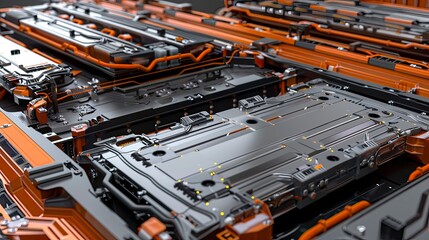 Obraz premium Electric vehicle battery pack in a disassembled state showing internal components and structure
