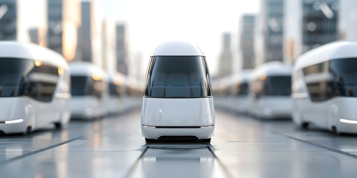 3D render of electric vans in futuristic city promoting sustainable transportation. Concept Electric Vans, Futuristic City, Sustainable Transportation, 3D Rendering, Promotional Campaign