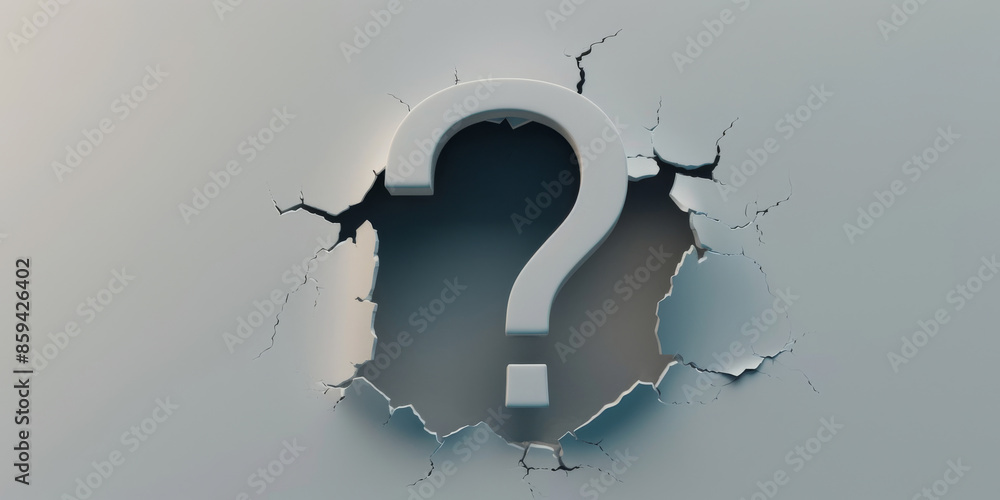 Poster cracked gray surface with large 3d question mark in the center. problem and solution concept
