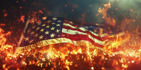 A burning American flag in a rural field