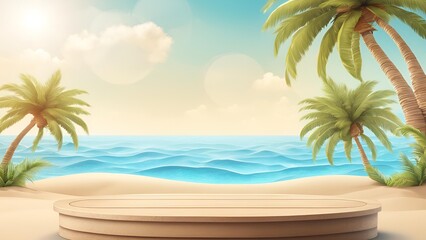 Fototapeta premium The 3D product display platform on the beach podium provides a perfect summer background with sand and sea.