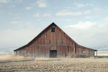 Obraz premium A rustic old barn standing alone in a green meadow, suitable for rural or countryside themed designs