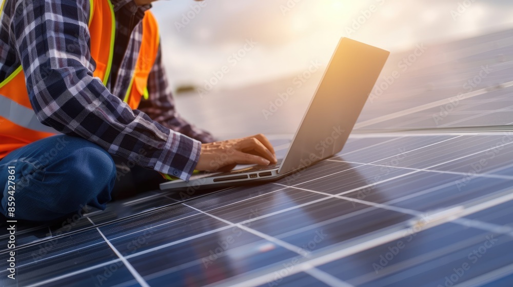 Poster skilled engineer working and analyze data by using laptop at solar cell. professional technician and