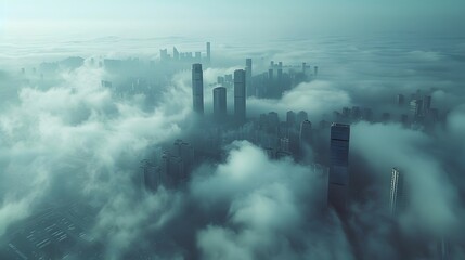 Fototapeta premium A foggy cityscape seen from above, with skyscrapers partially obscured by thick clouds. The sky is a soft blue gradient, creating an ethereal atmosphere over the urban landscape.