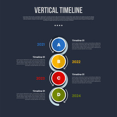 vertical timeline business report infographic with big circle and arrow outline bottom direction with 4 point stage with modern dark style for slide presentation