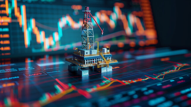 concept of growth reduction in oil and energy prices. oil rig model against the background of stock price growth charts. Rise in gasoline prices concept digital screen with financial chart graphs