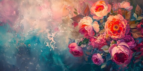 Exquisite vintage floral oil painting with vibrant colors and romantic themes, ideal for banners. Concept Vintage, Floral, Oil painting, Vibrant colors, Romantic themes