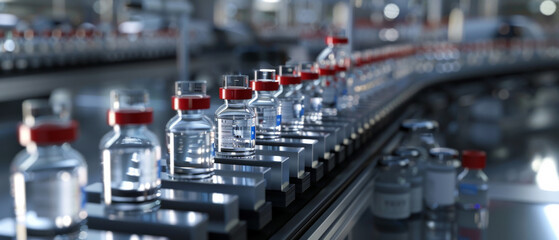 Fototapeta premium Rows of clear glass vials with red caps move along an industrial conveyor belt in a high-tech pharmaceutical production facility.