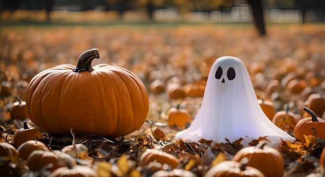 Cute ghost sits in a pumpkin patch, perfect for halloween fun