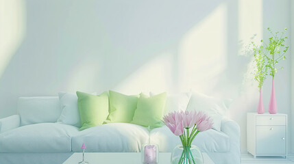 Minimalist Living Room Interior Design with White Sofa and Green Pillows.
