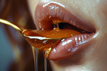 Obraz premium Close-up of beautiful female lips eating honey from a honey spoon