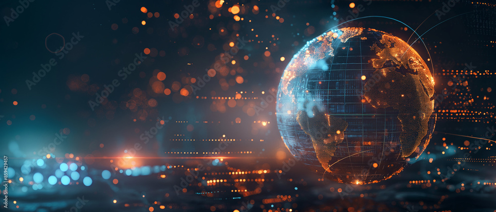 Poster fiber optics illuminated globe surrounded by digital data streams
