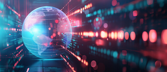 optics background with lots spots, globe surrounded by digital data streams