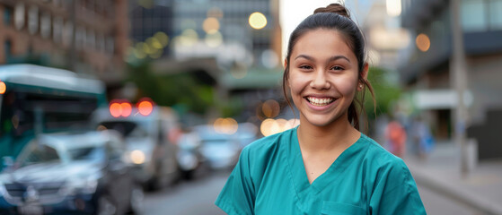 A young nurse smiles warmly, standing on a city street with blurred traffic and buildings in the background.