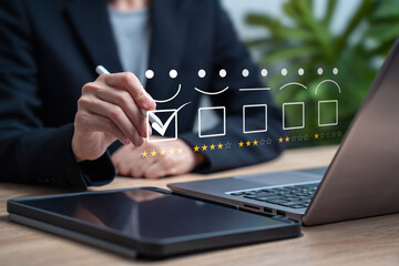 Satisfaction rating, Top service feed back, Businesswomen choose right tick on top score five-star...