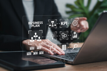 Business plan and process objectives, Innovation Operations Management concept, Businesswomen use laptop planning workflow and human management, KPI, financial, Marketing target, goal setting