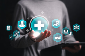 Healthcare insurance concept, Awareness of health care of the general public, Women people show plus icon for the healthcare medical Their healthcare, Treatment, Hospital, Expenses from illness