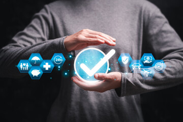 Insurance-related to daily life, Warranty condition checklist online concept, Women show insurance...