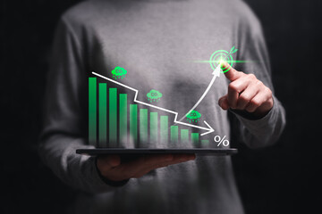 Carbon reduction targets future concept, Awareness of everyone in the world, Women show graph target carbon global warming green business plan, Climate neutral long term strategy, carbon management