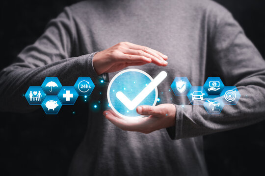 Insurance-related to daily life, Warranty condition checklist online concept, Women show insurance icons car, financial, health, Travel, Family, Accident protection, international credibility