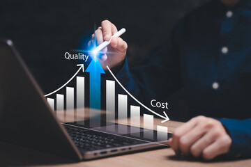 Quality and cost control, Best business management concept, Businesswomen use a laptop plan for...