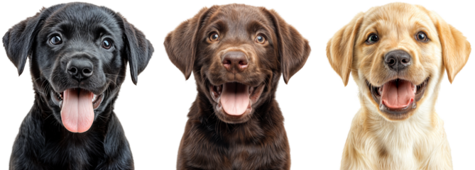 Happy labrador dog puppy portrait bundle in different colours, black, chocolate brown and yellow, isolated on a white background