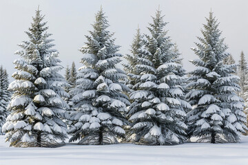 Fototapeta premium A group of pine trees heavily laden with snow, their branches drooping gracefully under the weight of the frost.