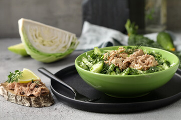 chopped white cabbage salad and canned tuna