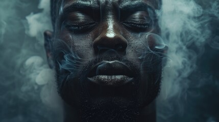 Obraz premium Close-up shot of a person with smoke emitting from their face, suitable for use in illustrations or designs related to mystery, thriller, or sci-fi