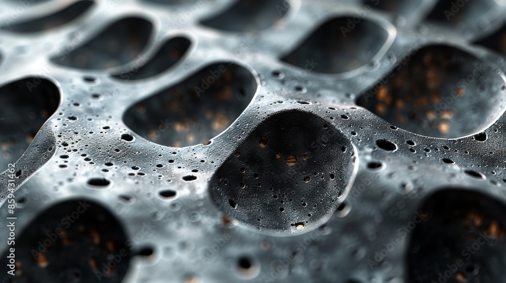 Poster detailed close-up of a metallic surface featuring multiple round holes, revealing a texture that res