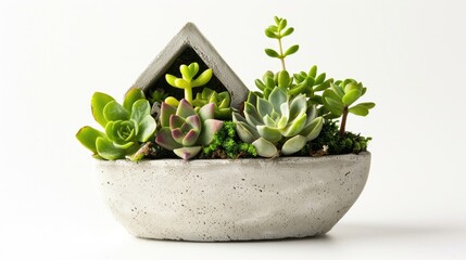 Succulent mini garden in cement planter shaped like a house on white background Charming indoor plant decor as hobby banner for design shop social media