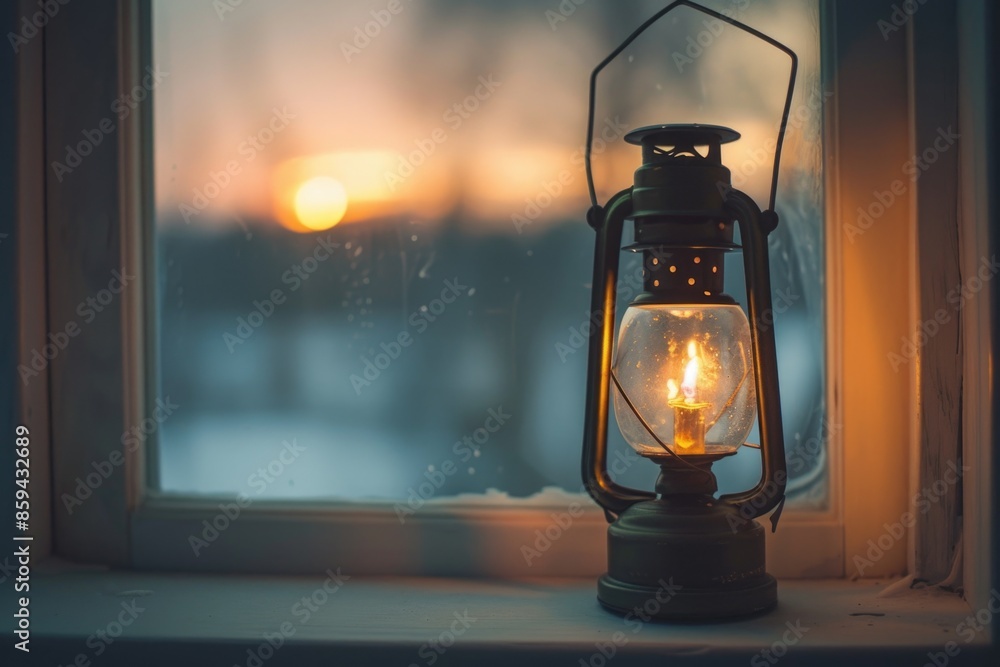 Poster a lantern sits on a window sill in front of a window, providing soft light